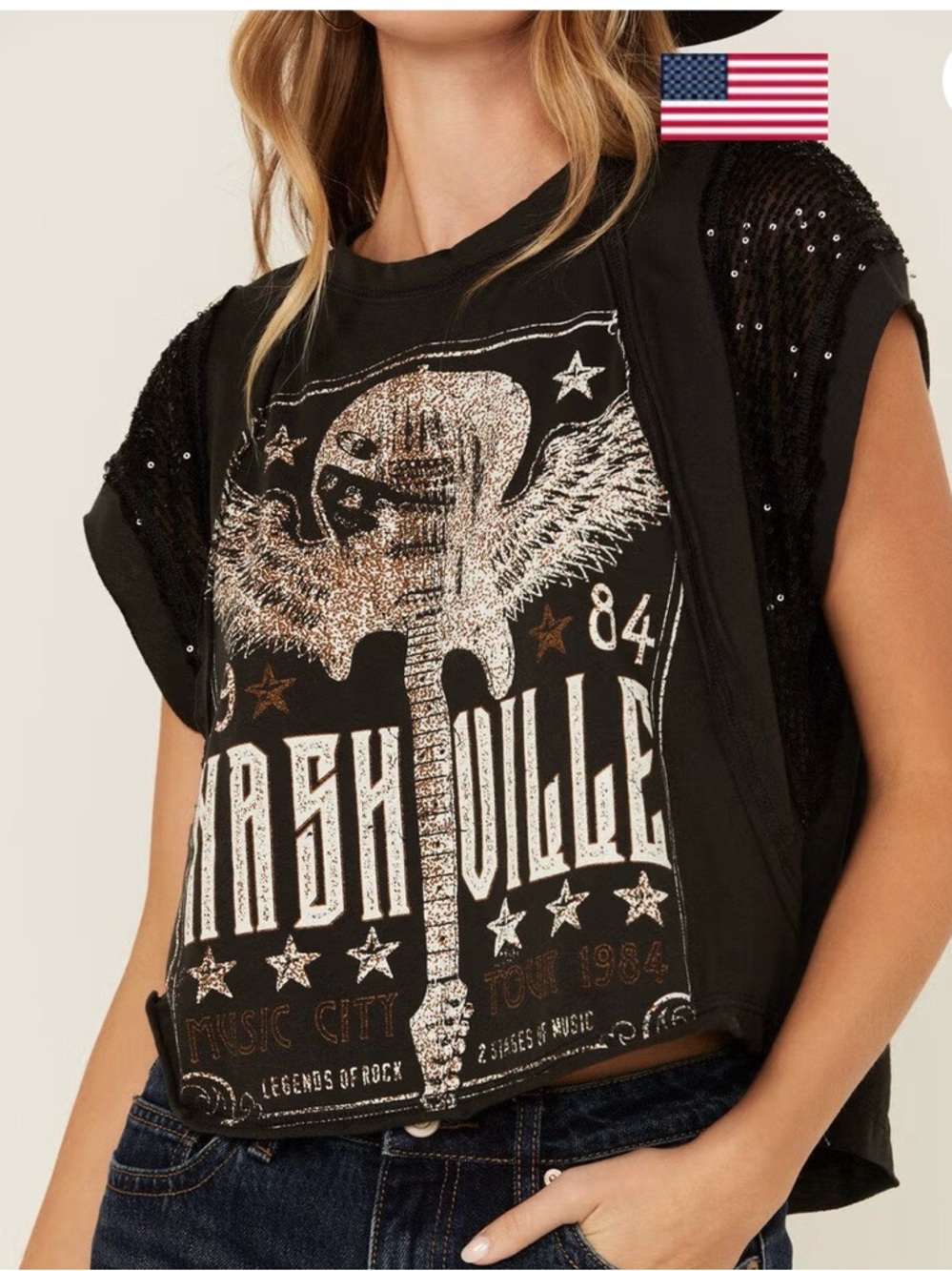 ORIGINALITY WOMEN'S NASHVILLE LACE SHORT SLEEVE GRAPHIC TEE SZ XL FESTIVAL